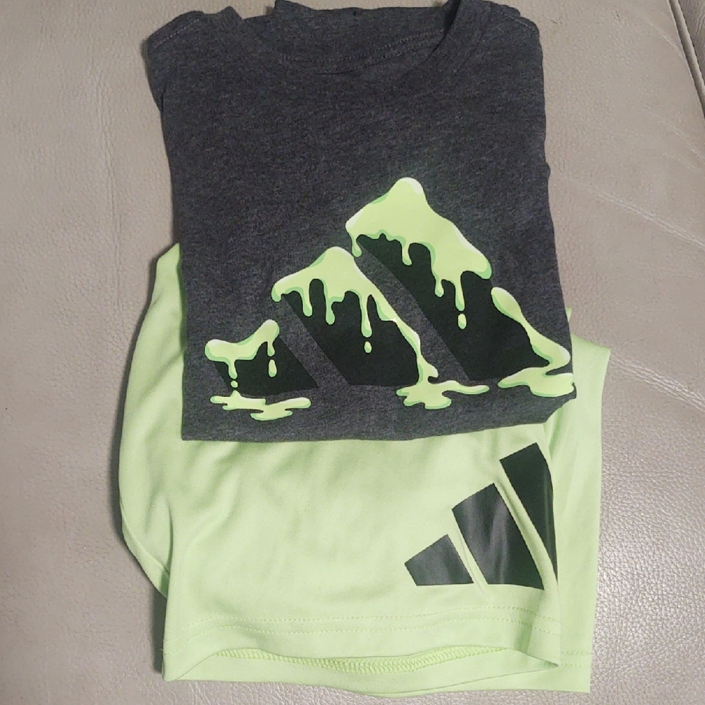 Adidas Boy's Neon Green & Charcoal Drip Logo Short Sleeve Tee And Short Set